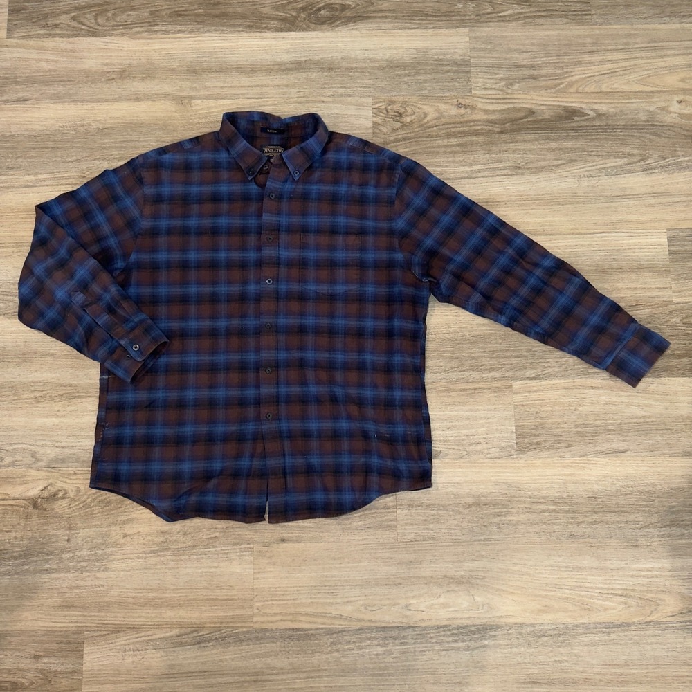 Pendleton Mason Plaid Flannel Shirt‎ Blue Brown Button Down Men's XXL